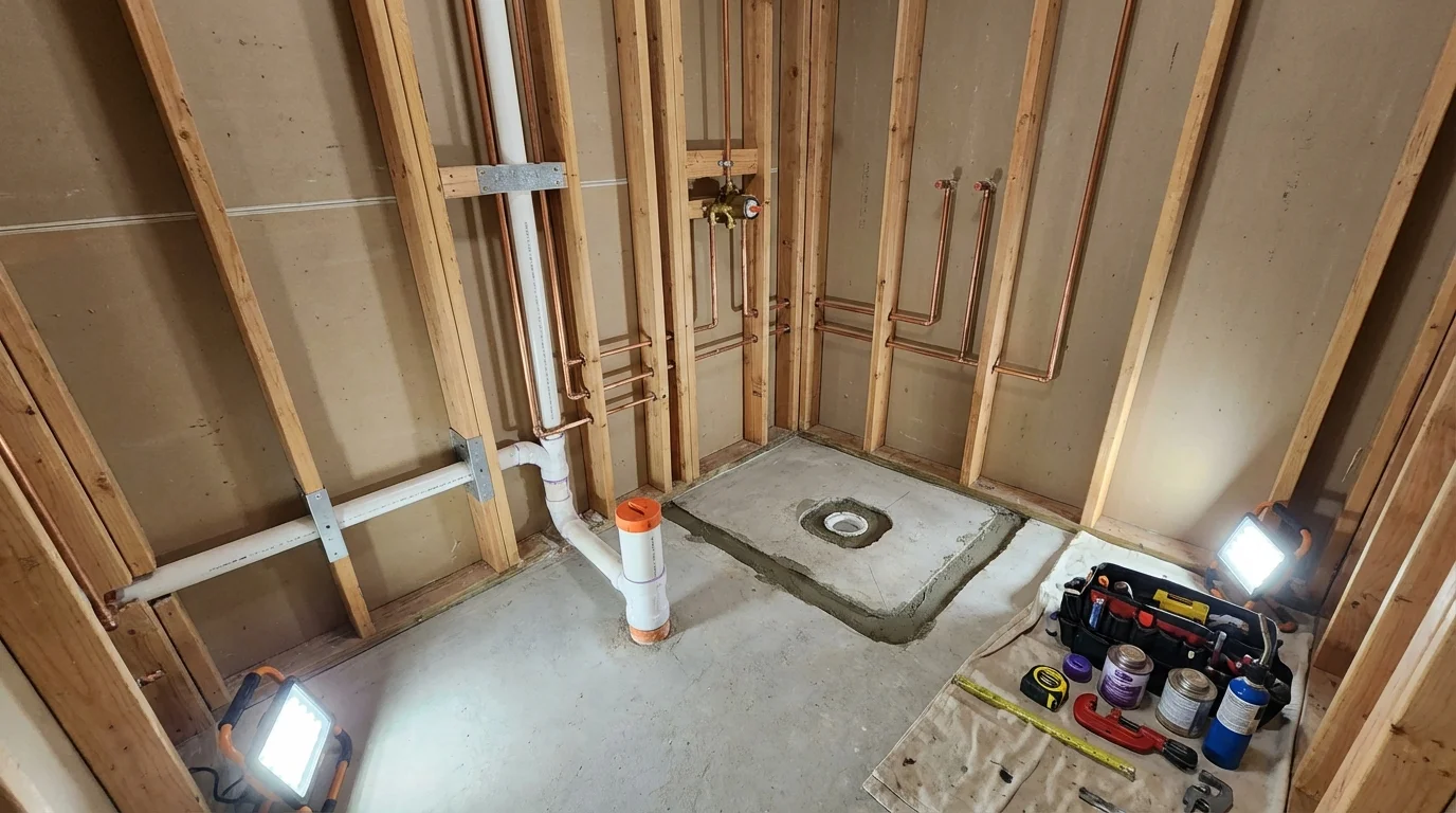 Bathroom rough-in plumbing during remodel by Johns Plumbing LLC in Spearfish