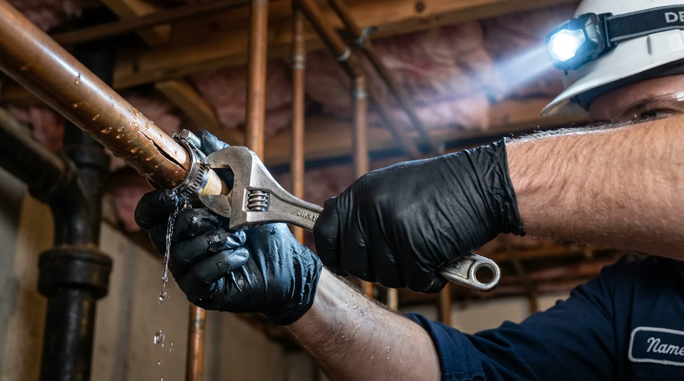 Emergency pipe clamp repair being performed by a Johns Plumbing LLC plumber in Spearfish