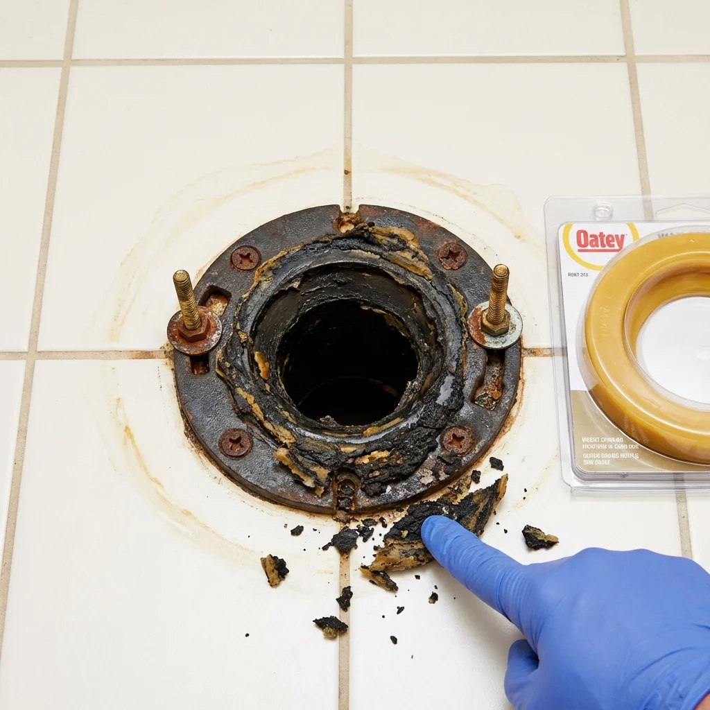 Failed wax ring showing water seepage at the base of a toilet in a Spearfish, SD home