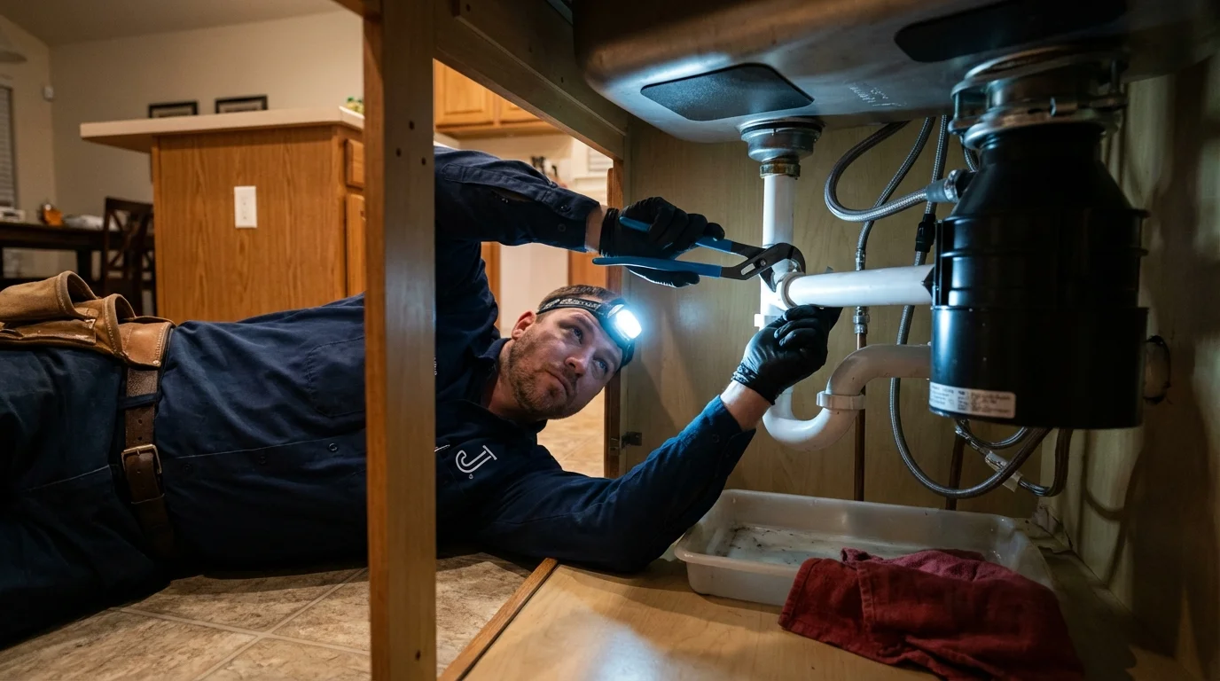 P-trap and supply line connections under a kitchen sink showing a common leak point in Spearfish, SD